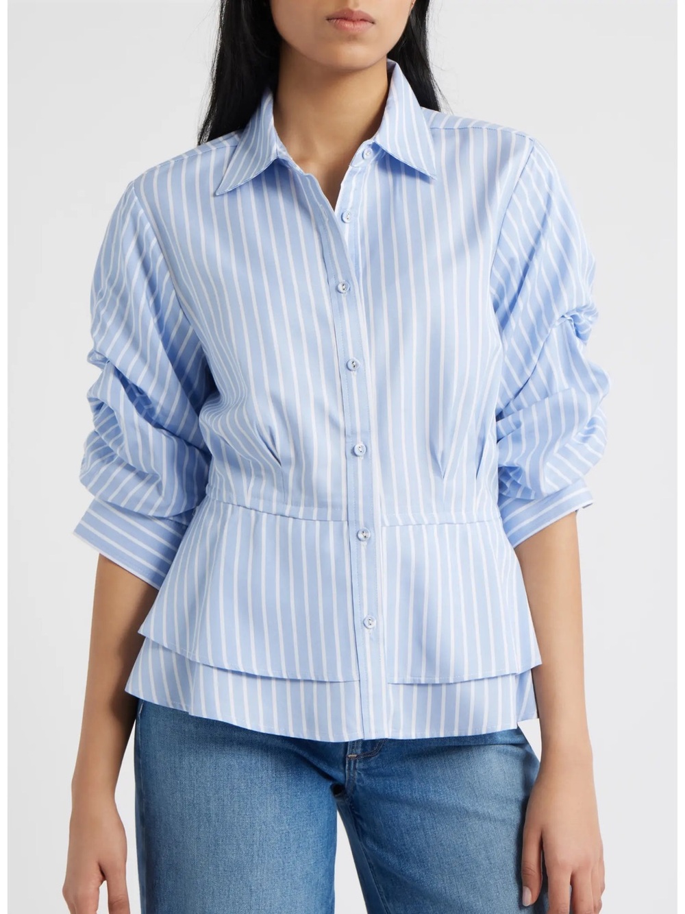 Wit & Wisdom Light Blue Striped Peplum Button-Up Blouse Top Pleated Sleeve Sz L